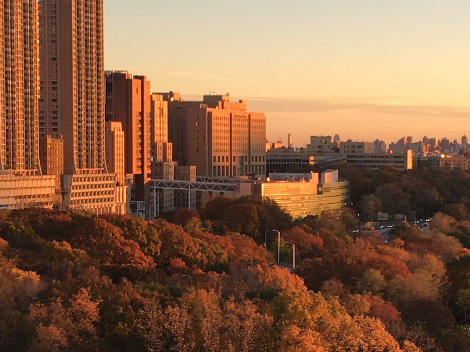 Aerial view of the New York State Psychiatric Institute building at sunset